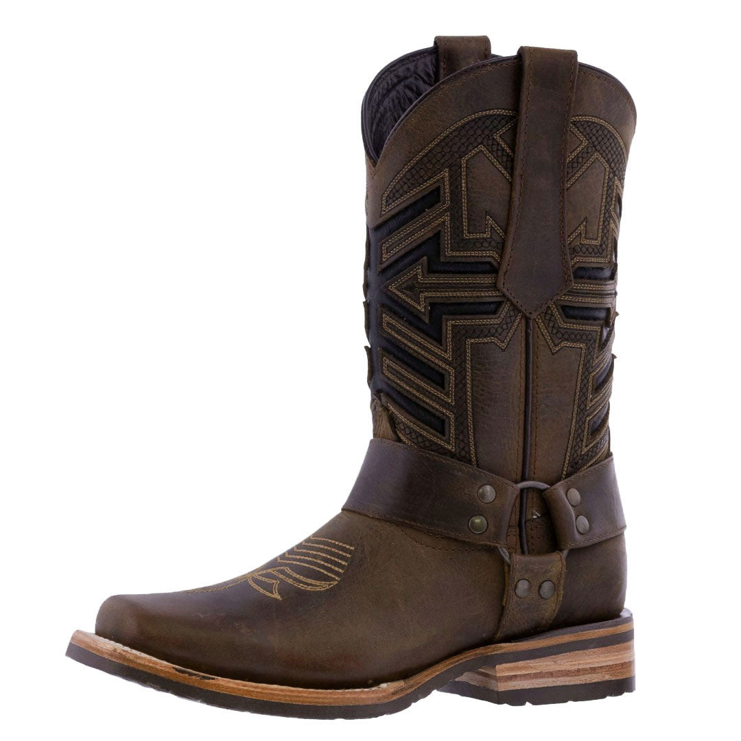 Mens Brown Motorcycle Leather Boots Harness - Square Toe  display picture 1