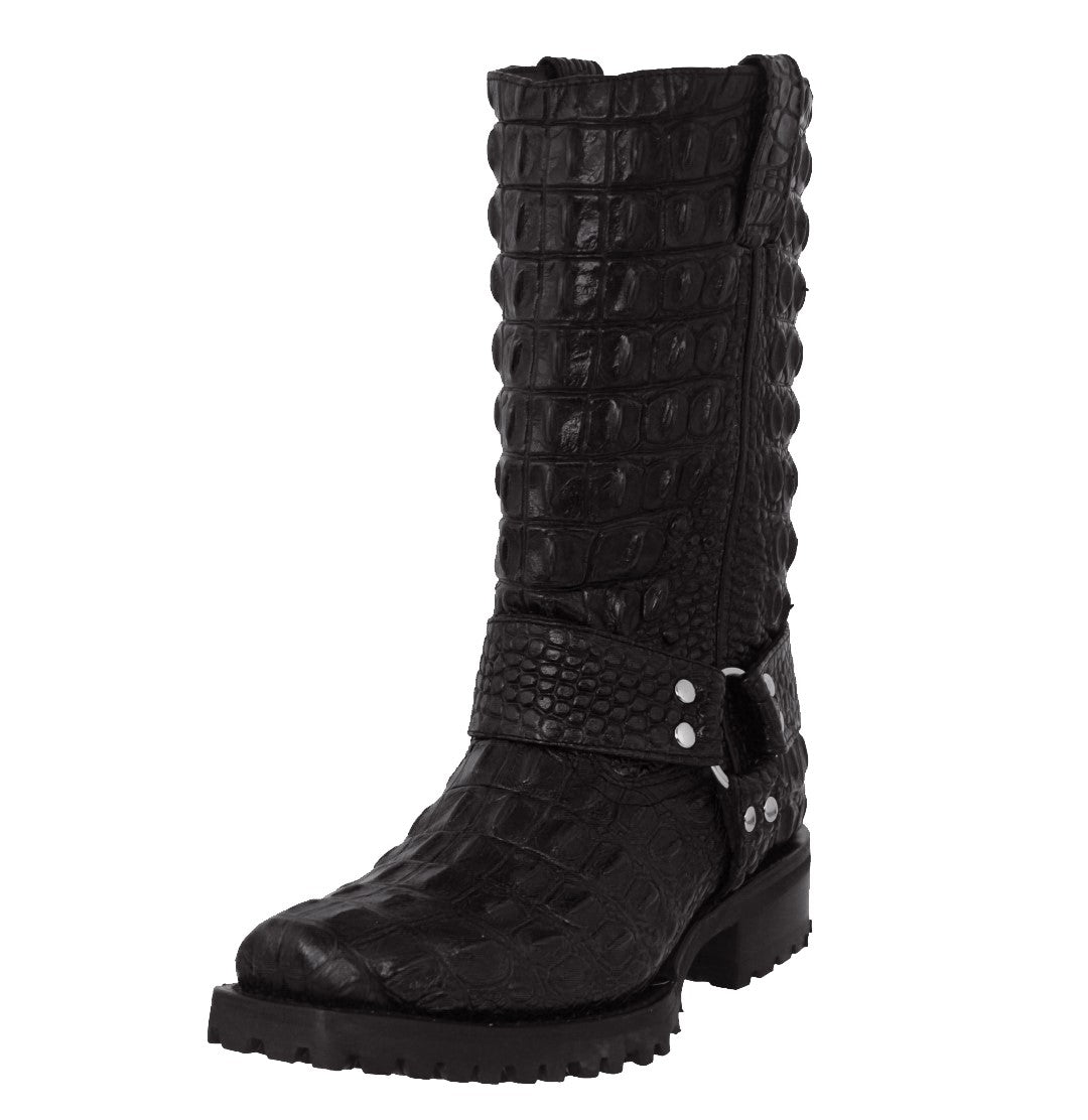 靴 Dark Crocodile Biker Boots Mens Black Motorcycle Boots Crocodile Back Print - Square Toe