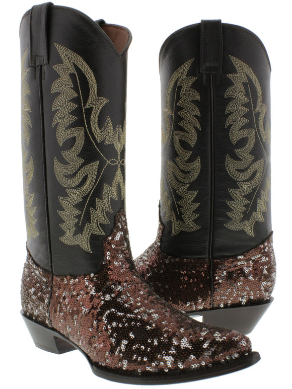 Women's Brown Sequins Western Rodeo Cowboy Boots Snip Toe