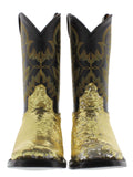 Womens Gold Sequins Leather Cowgirl Boots Square Toe - #800
