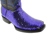 Women's Blue Sequins Western Rodeo Cowboy Boots Square Toe