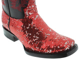 Women's Red Sequins Western Rodeo Cowboy Boots Square Toe
