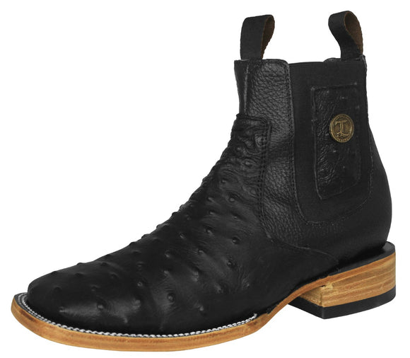 Mens Black Chelsea Boots Ostrich Print Leather - Square Toe