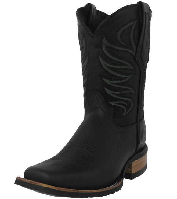 Mens #300 Black Western Boots Leather Rubber Soles - Square Toe