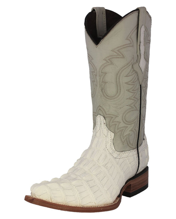 Mens White Crocodile Tail Print Leather Cowboy Boots - 3X Toe