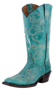 Womens "I Do' Turquoise Wedding Boots Leather - Square Toe