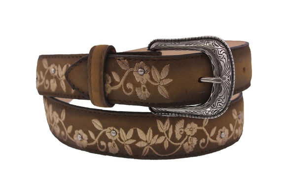 Brown #445 Western Cowboy Belt Floral Leather - Removable Buckle