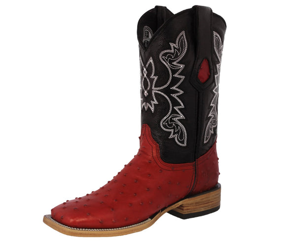 Mens Red Cowboy Boots Ostrich Quill Print Leather - Square Toe