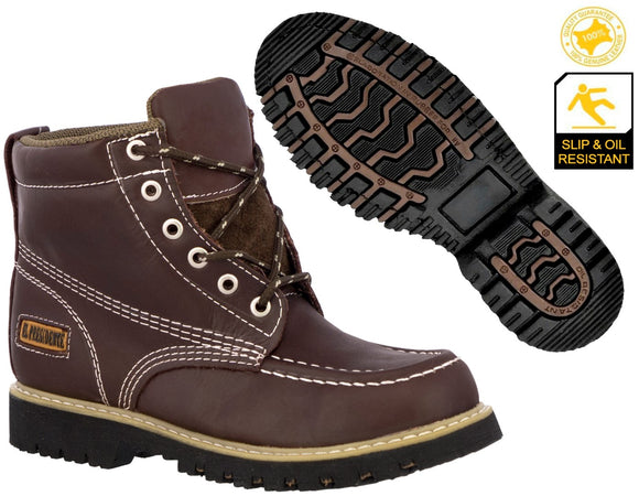 Mens Burgundy Work Boots Leather Slip Resistant Lace Up Soft Toe - #650TR