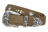 Light Brown Western Cowboy Leather Belt Ranger Concho - Silver Buckle