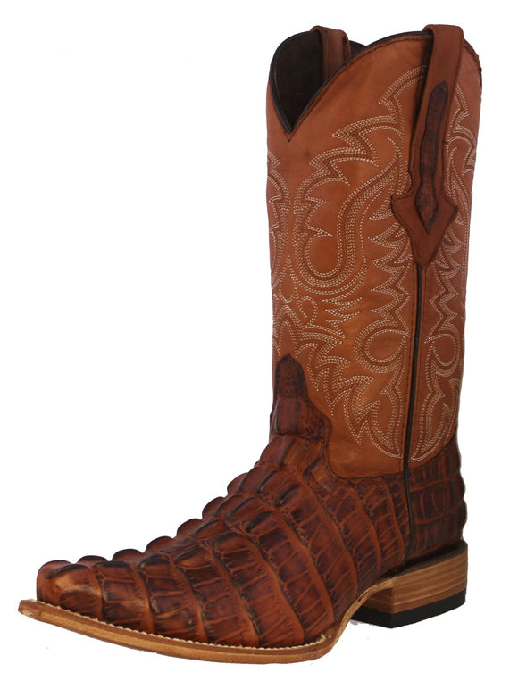 Mens Cognac Crocodile Tail Print Leather Cowboy Boots - 3X Toe