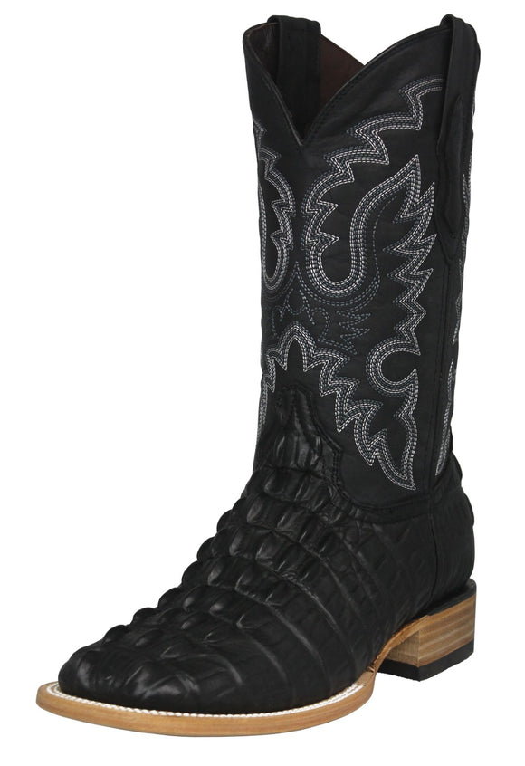 Mens Black Cowboy Boots Crocodile Tail Print - Square Toe