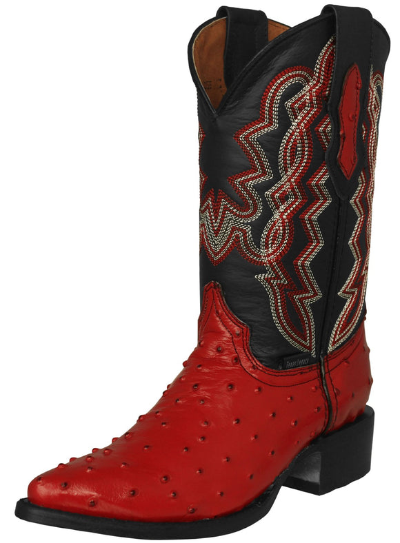 Mens Red Cowboy Boots Ostrich Quill Print Leather - J Toe