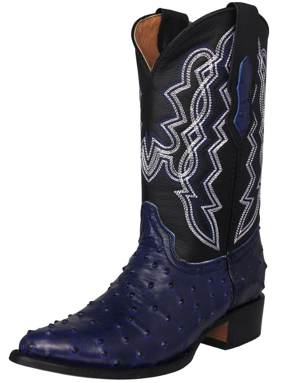 Mens Blue Cowboy Boots Ostrich Quill Print Leather - J Toe