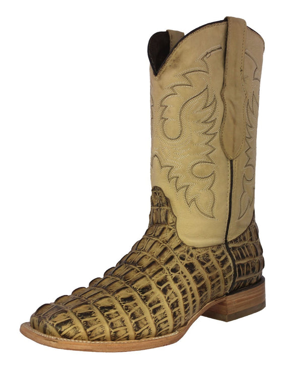 Mens #130N Sand Alligator Tail Print Leather Cowboy Boots - Square Toe
