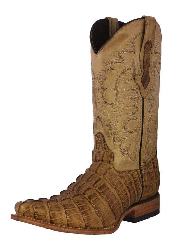 Mens Sand Alligator Tail Print Leather Cowboy Boots 3X Toe - #130N