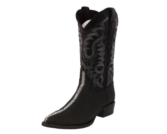Mens Black Stingray Row Stone Print Leather Cowboy Boots - J Toe