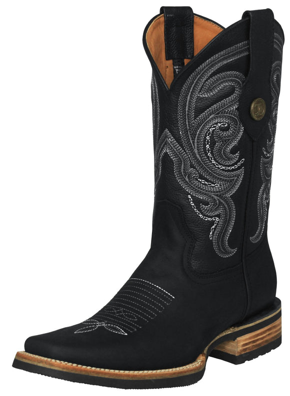 Mens #305 Black Western Boots Leather Rubber Soles - Square Toe