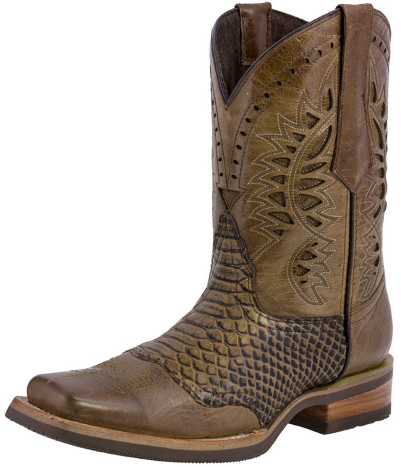 Mens Sand Western Leather Cowboy Boots Snake Print - Square Toe
