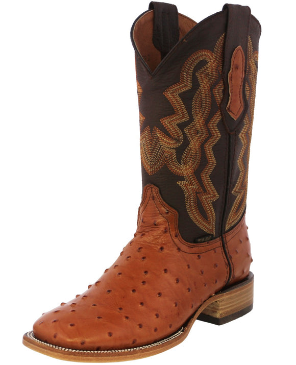 Mens Cognac Cowboy Boots Ostrich Quill Print Leather - Square Toe