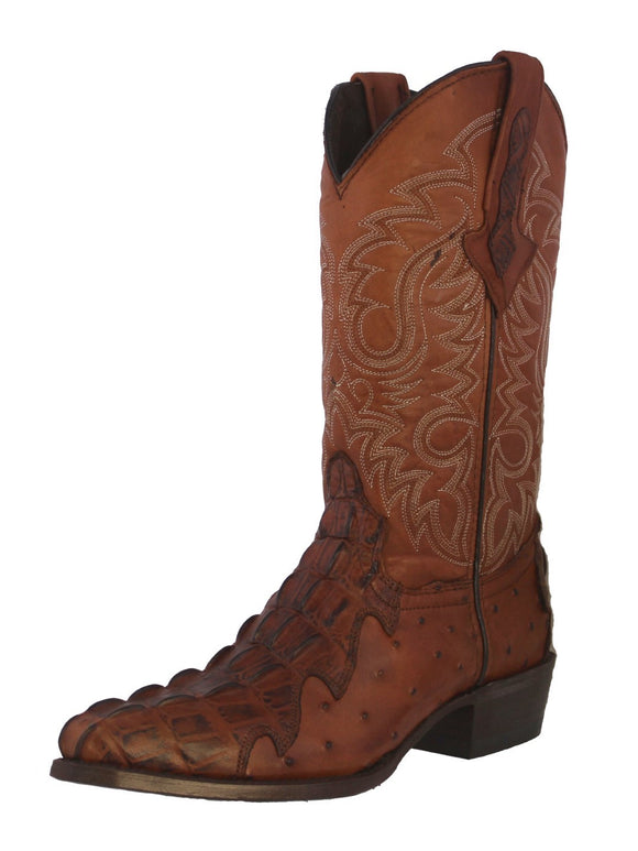 Mens #150 Cognac Crocodile & Ostrich Print Leather Cowboy Boots - J Toe