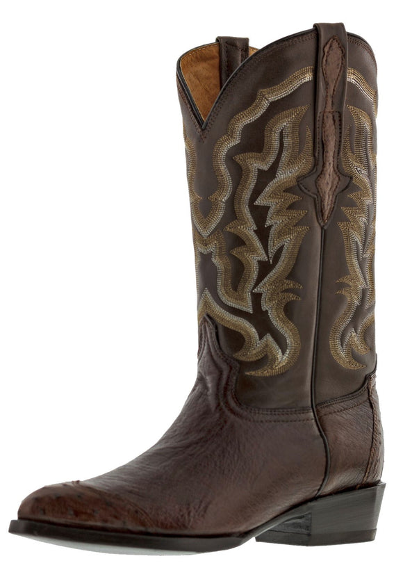 Mens Brown Ostrich Skin Overlay Cowboy Boots - J Toe