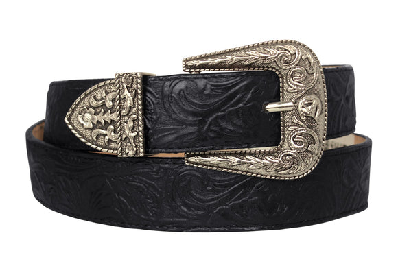 Black #475 Western Cowboy Belt Tooled Leather - Removable Buckle
