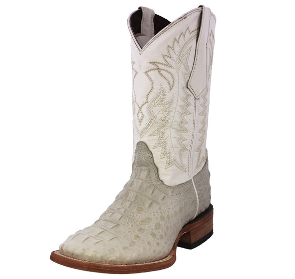 Mens Off White Alligator Hornback Print Leather Cowboy Boots Square Toe