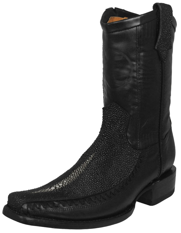 Mens Black Cowboy Boots Stingray Diamond Print Overlay - Square Toe