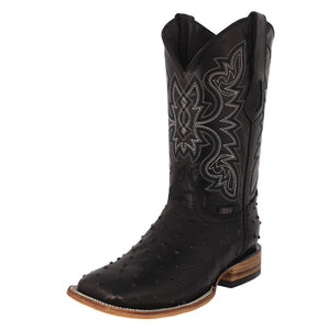 Mens Black Cowboy Boots Ostrich Quill Print Leather - Square Toe
