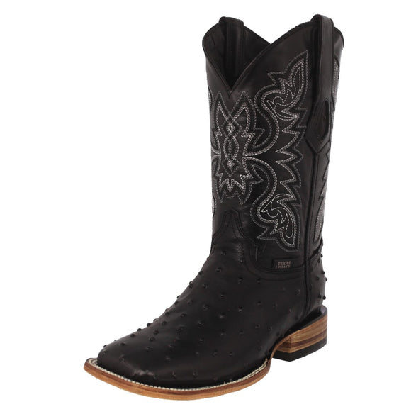 Mens Black Cowboy Boots Ostrich Quill Print Leather - Square Toe