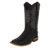 Mens Black Cowboy Boots Ostrich Quill Print Leather - Square Toe