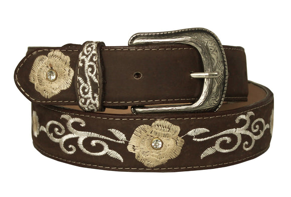 Dark Brown #820 Western Cowboy Belt Floral Leather - Removable Buckle