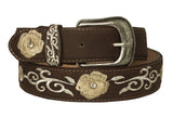 Dark Brown #820 Western Cowboy Belt Floral Leather - Removable Buckle