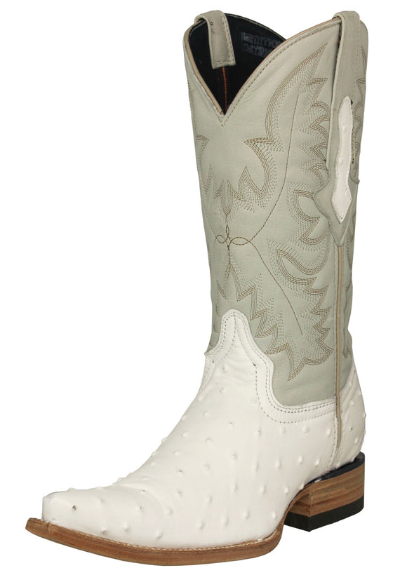 Mens White Cowboy Boots Ostrich Quill Print - 3X Toe