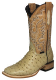 Mens #210N Sand Cowboy Boots Ostrich Quill Print Leather - Square Toe