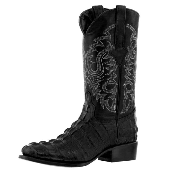Mens #130 Black Alligator Tail Print Leather Cowboy Boots - Round Toe