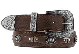 Rustic Brown Western Cowboy Leather Belt Navajo Concho - Silver Buckle