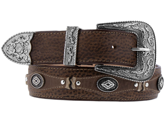 Rustic Brown Western Cowboy Leather Belt Navajo Concho - Silver Buckle