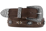 Rustic Brown Western Cowboy Leather Belt Navajo Concho - Silver Buckle