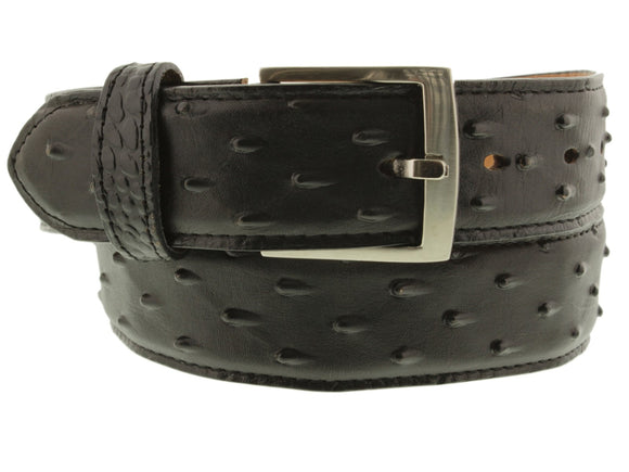 Black Western Cowboy Belt Ostrich Quill Print Leather - Silver Buckle