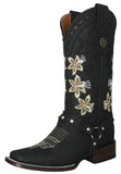 Womens Annie Matte Black Western Boots Leather Boot Straps - Square Toe
