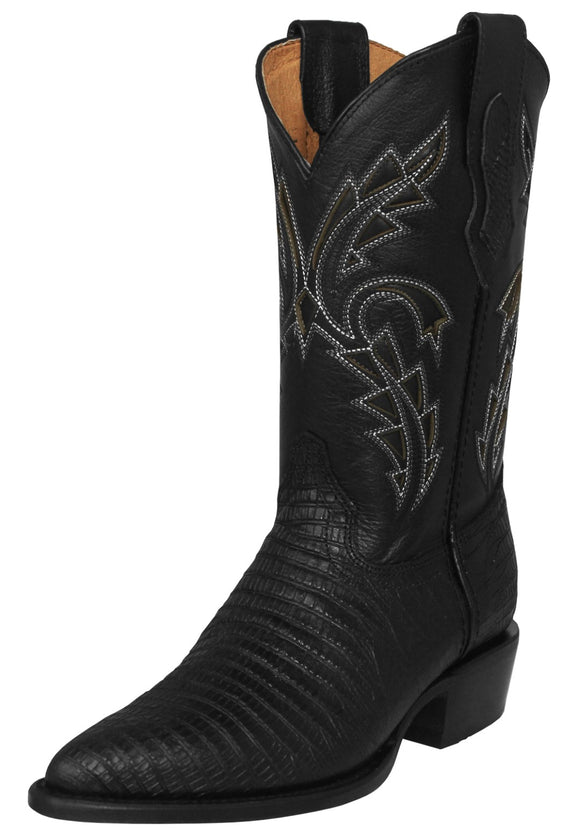 Mens Black Cowboy Boots Lizard Print Leather - J Toe