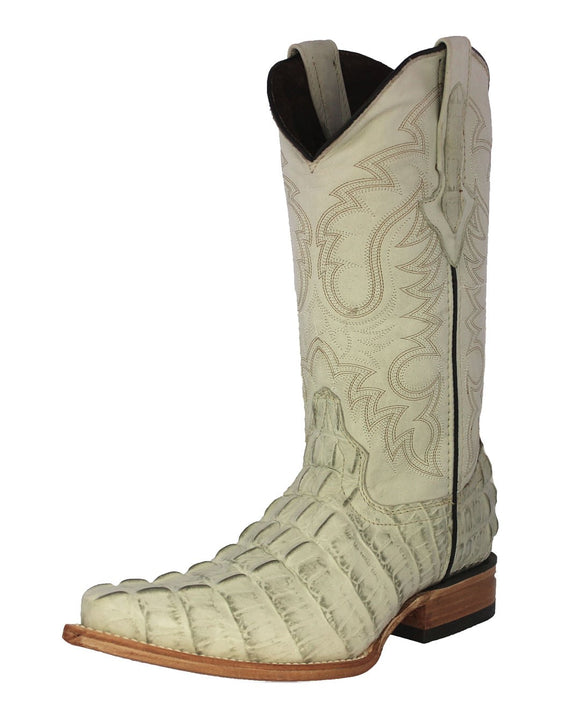 Mens Off White Crocodile Tail Print Leather Cowboy Boots - 3X Toe