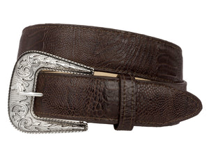 Brown Western Cowboy Belt Ostrich Leg Print Leather - Silver Buckle