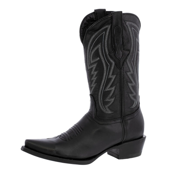 Mens Black Cowboy Boots Western Wear Solid Leather Snip Toe