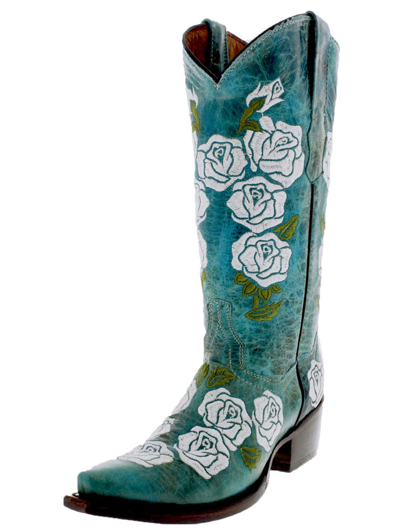Womens Rosal Turquoise Leather Cowboy Boots - Snip Toe