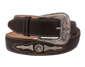 Brown Western Cowboy Leather Belt Ranger Concho - Silver Buckle