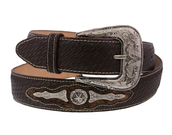 Brown Western Cowboy Leather Belt Ranger Concho - Silver Buckle