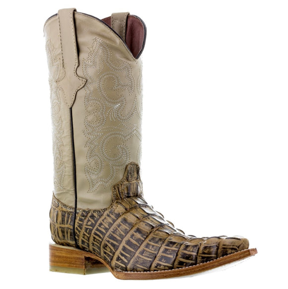 Mens Rustic Sand Crocodile Tail Print Leather Cowboy Boots - 3X Toe